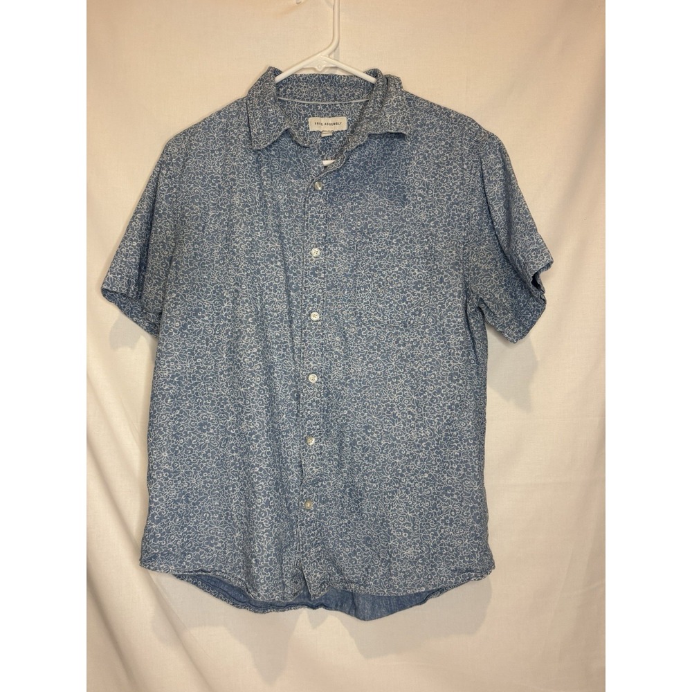 Free Assembly Men's Medium Blue Floral Shirt 100% Cotton Short Sleeve Button Up